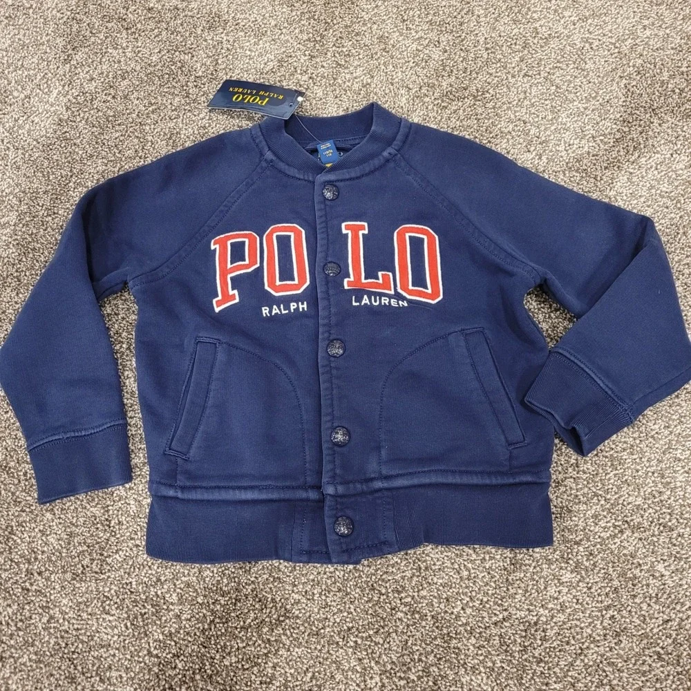 Polo Ralph Lauren Kids Navy Blue Varsity Logo Bomber Snap Sweatshirt Jacket 4T
